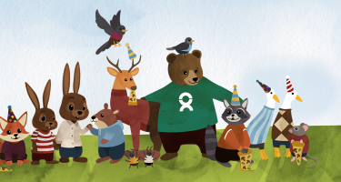 Illustration aus dem Kinderbuch "Die Welt ist manchmal ungerecht". Alle Tiere stehen zusammen und essen gemeinsam Pizza. Illustration aus dem Buch "Die Welt ist manchmal ungerecht". Eine Gruppe von Tieren isst gemeinsam Pizza.