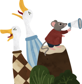 Tiere mit Lautsprecher Illustration aus dem Buch "Die Welt ist manchmal ungerecht". Sie zeigt Gänse und eine Maus mit einem Megaphon.